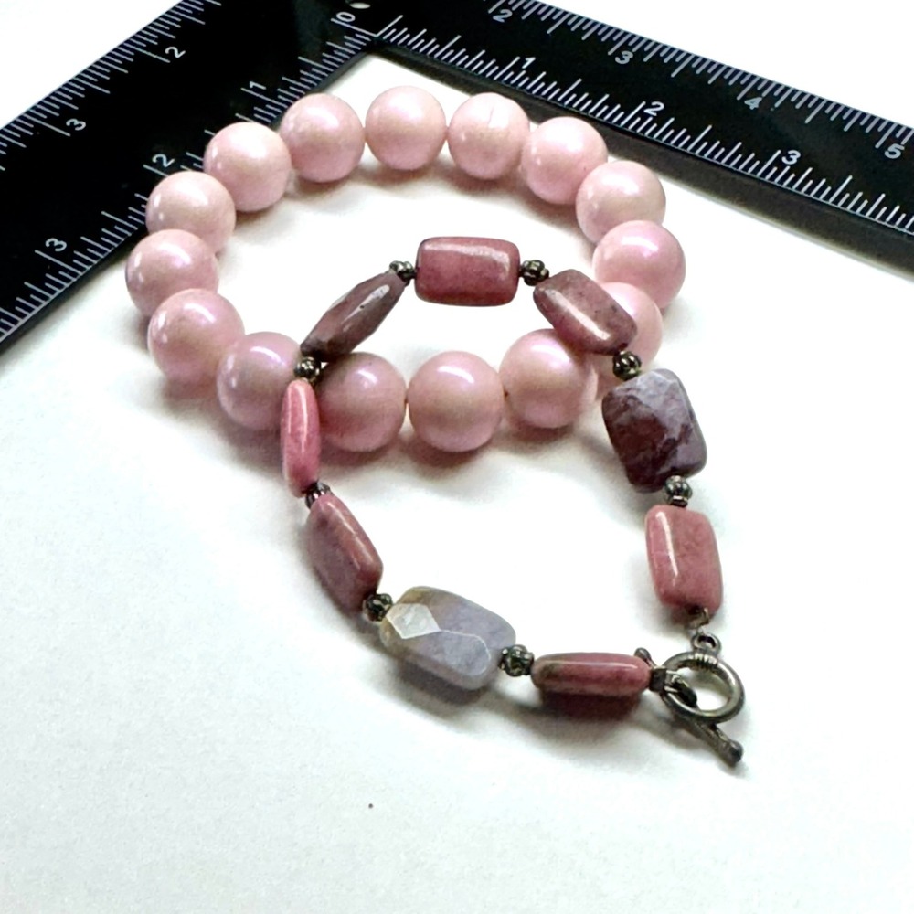 Chunky Pink Round Beads Mixed Gemstone‎ Style Toggle Bracelet Set of Two